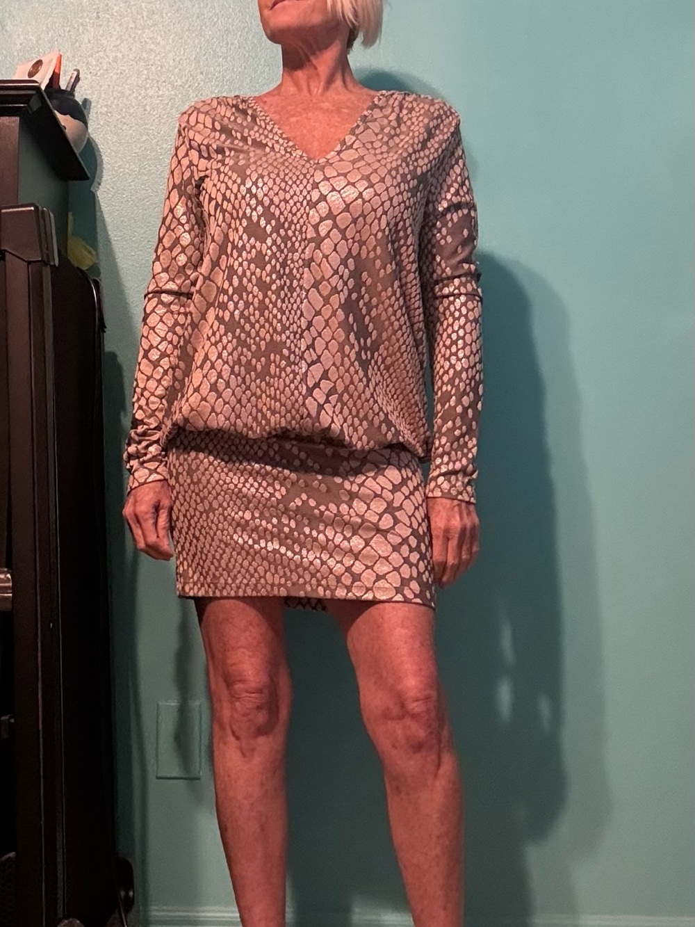 Metallic Rose Snake-Print V-Neck Long-Sleeve Mini Dress